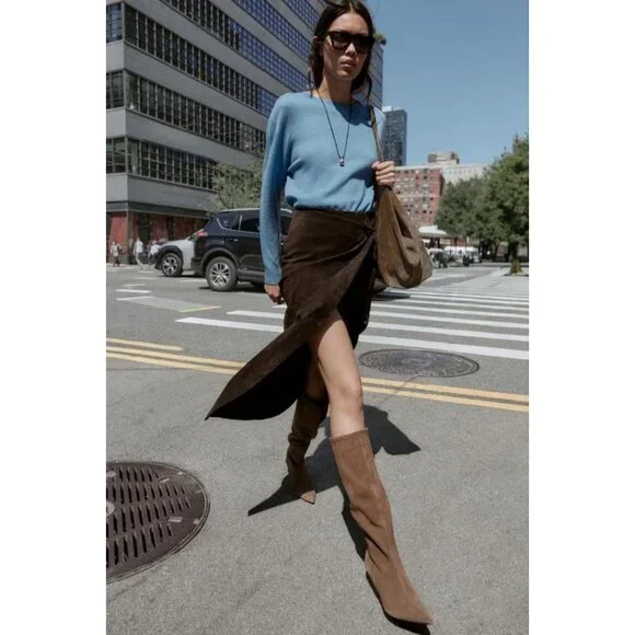 ZARA 100% LEATHER WRAP MIDI SKIRT - Picture 4 of 8